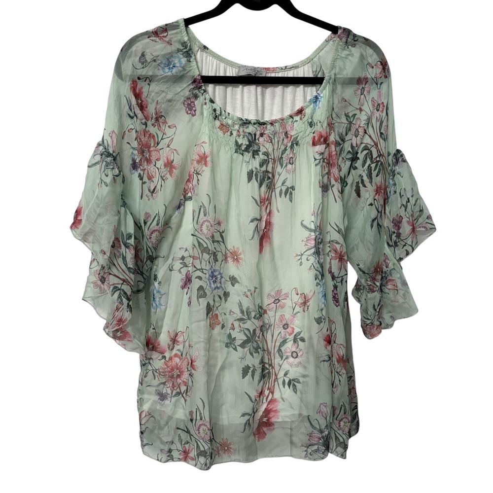 Angela Moda Silk‎ Shirt Womens M Ruffle Sleeve Sheer Floral Resortwear Vacation